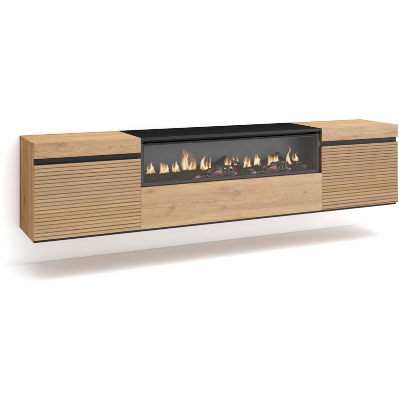 foto del prodotto mobile tv soggiorno, ampio spazio a disposizione, 200x45x35cm, per tv fino a 80 , camino elettrico, sospeso, da appendere, stile moderno, rovere