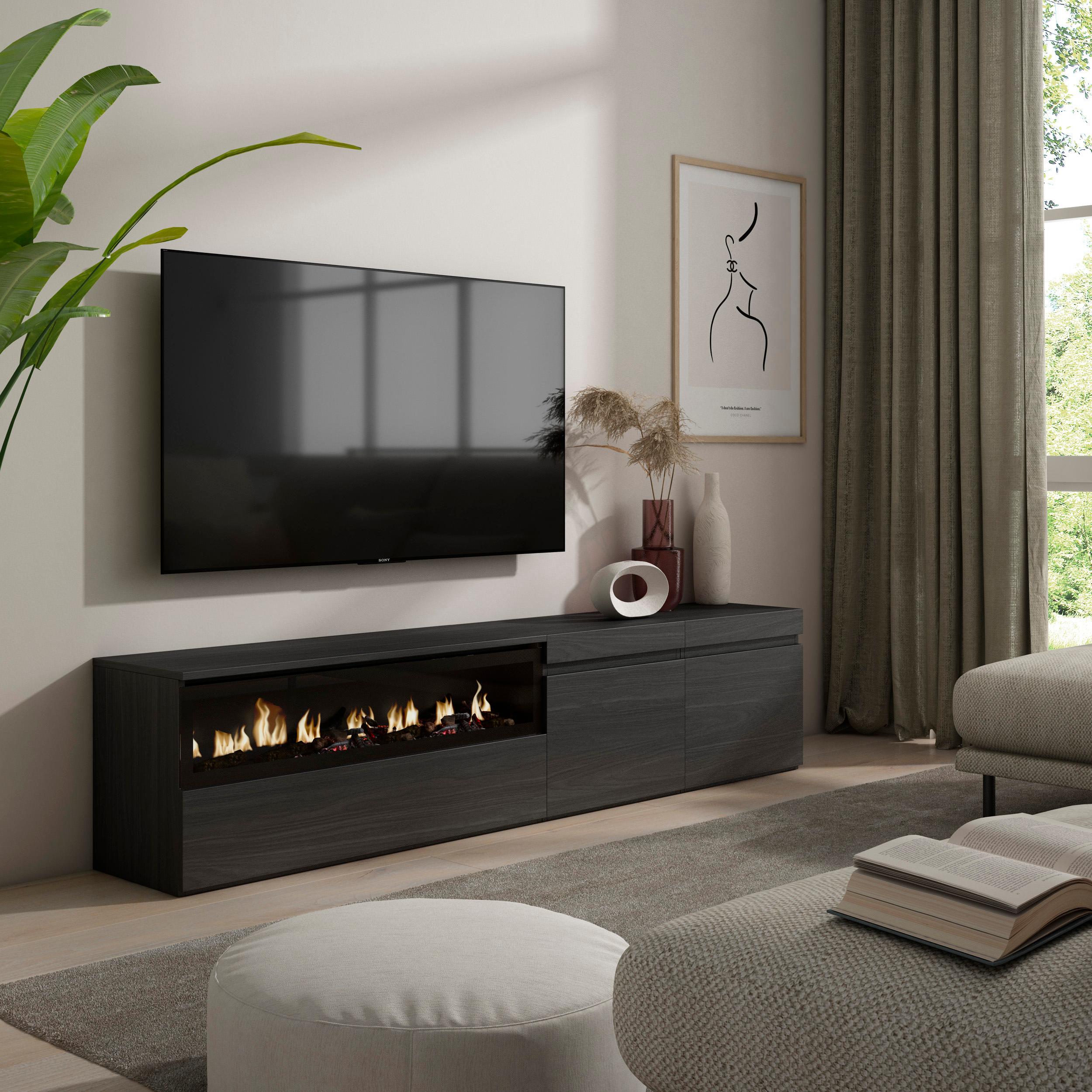 foto del prodotto mobile tv soggiorno, ampio spazio a disposizione, 200x45x35cm, per tv fino a 80 , camino elettrico, stile moderno, nero skraut home