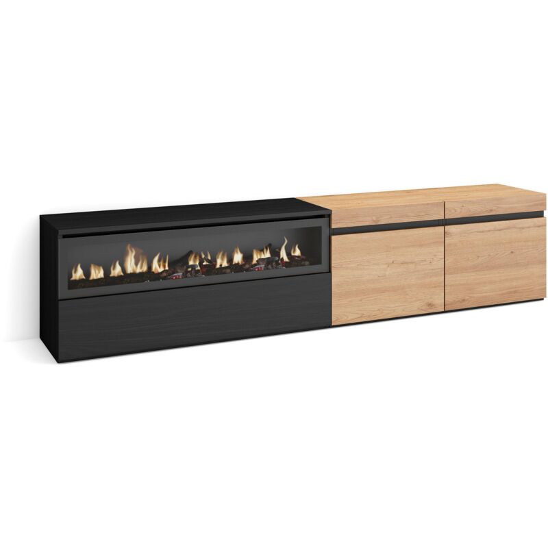 foto del prodotto mobile tv soggiorno, ampio spazio a disposizione, 200x45x35cm, per tv fino a 80 , camino elettrico, stile moderno, rovere e nero skraut home