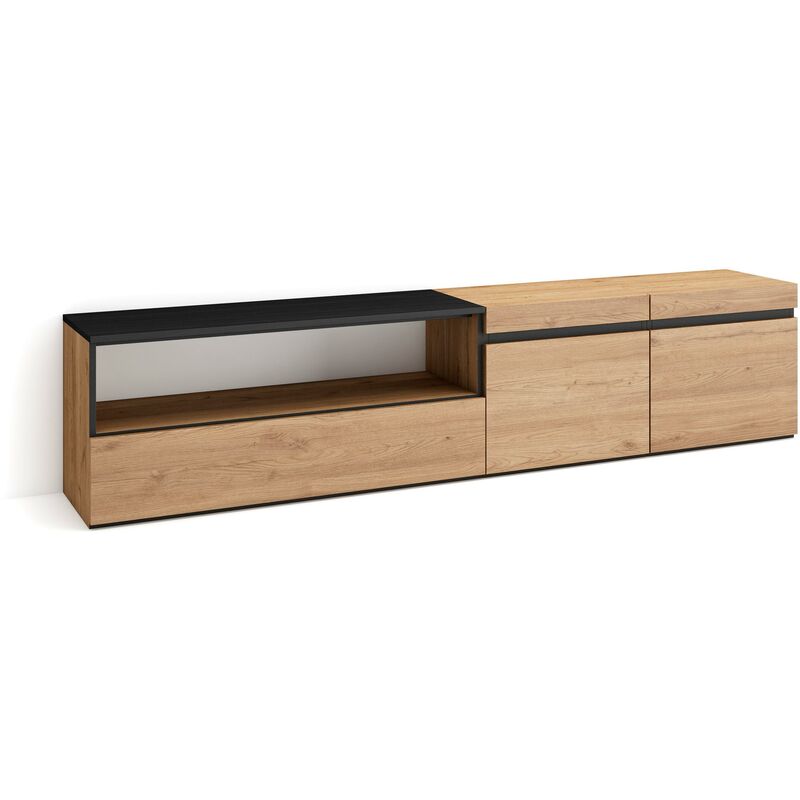 foto del prodotto mobile tv soggiorno, ampio spazio a disposizione, 200x45x35cm, per tv fino a 80 , mobile soggiorno, stile moderno, rovere e nero skraut home
