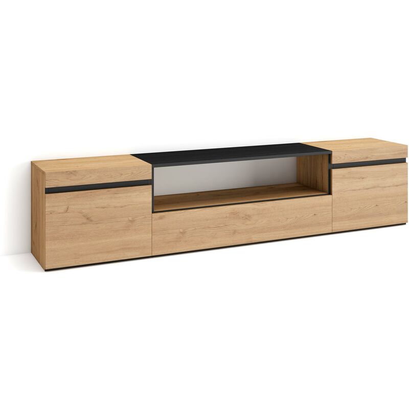 foto del prodotto mobile tv soggiorno, ampio spazio a disposizione, 200x45x35cm, per tv fino a 80 , mobile soggiorno, stile moderno, rovere e nero skraut home