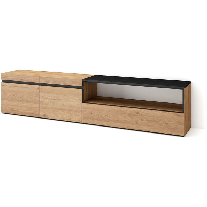 foto del prodotto mobile tv soggiorno, ampio spazio a disposizione, 200x45x35cm, per tv fino a 80 , mobile soggiorno, stile moderno, rovere e nero skraut home