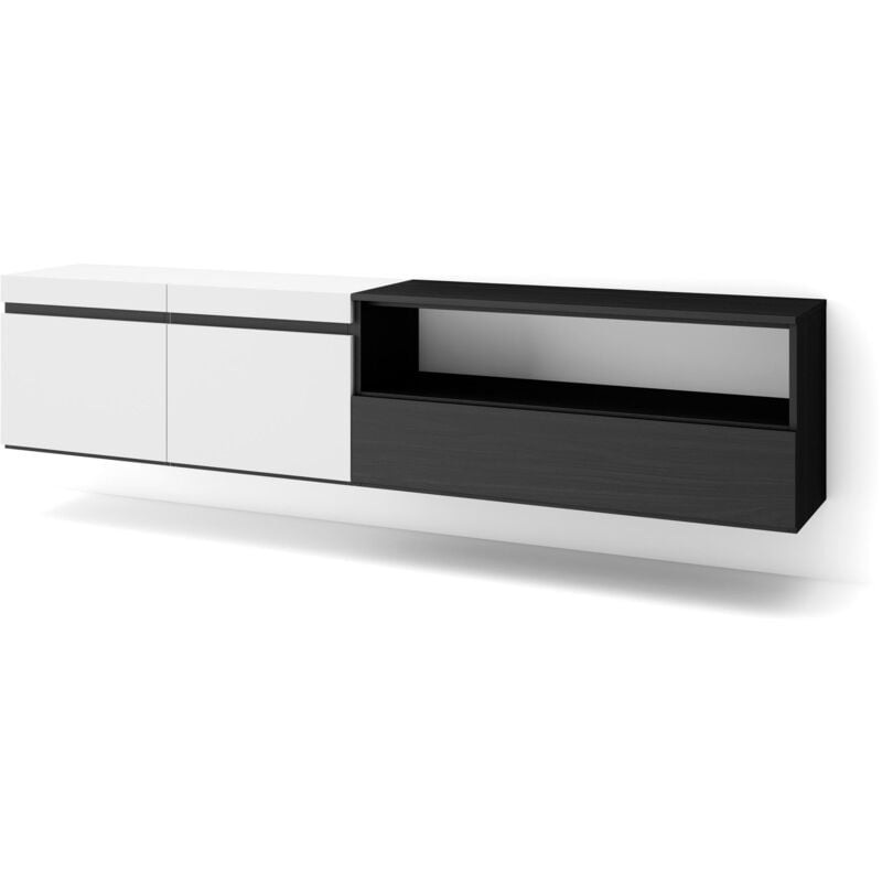foto del prodotto mobile tv soggiorno, ampio spazio a disposizione, 200x45x35cm, per tv fino a 80 , sospeso, da appendere, stile moderno, bianco e nero skraut home