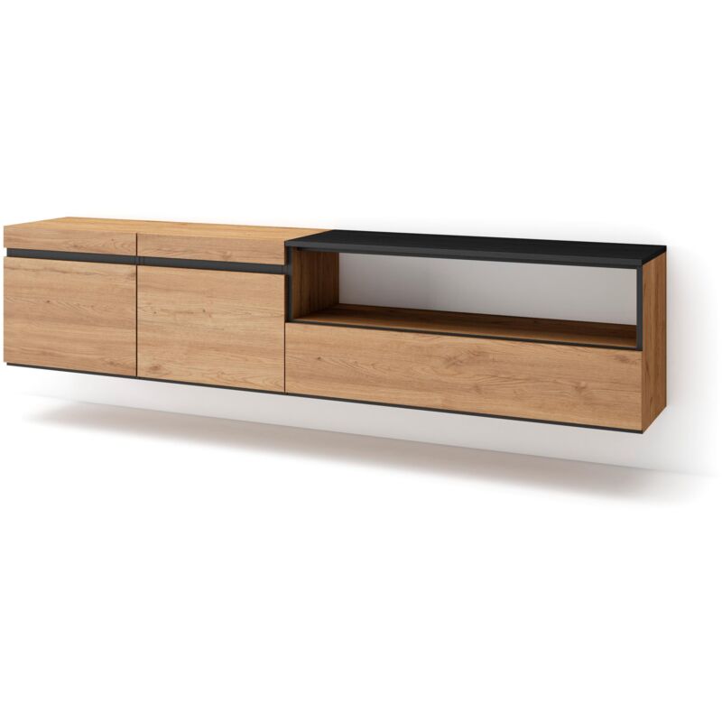 foto del prodotto mobile tv soggiorno, ampio spazio a disposizione, 200x45x35cm, per tv fino a 80 , sospeso, da appendere, stile moderno, rovere e nero skraut home