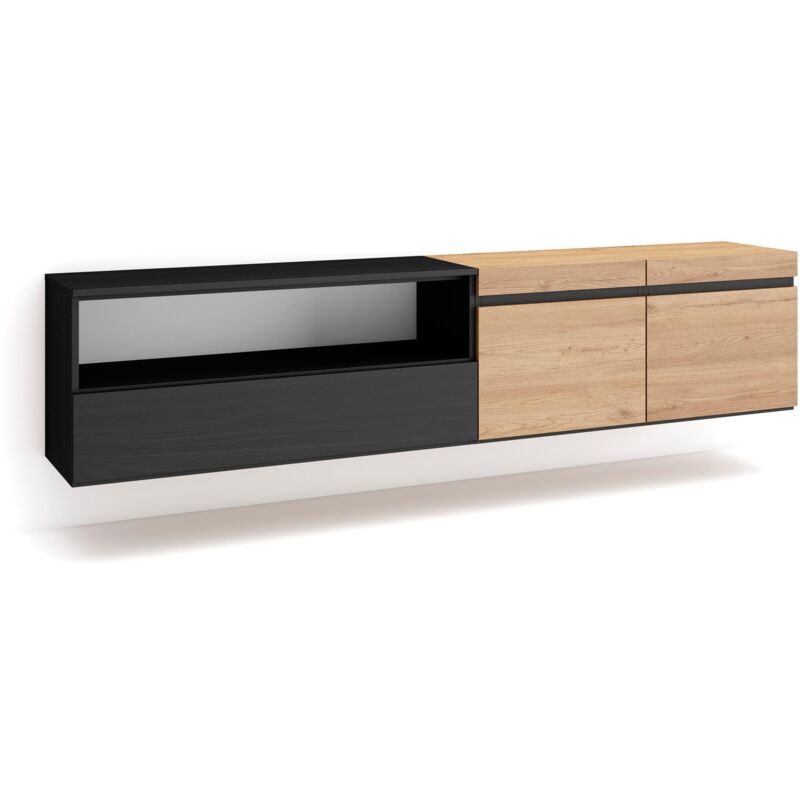 foto del prodotto mobile tv soggiorno, ampio spazio a disposizione, 200x45x35cm, per tv fino a 80 , sospeso, da appendere, stile moderno, rovere e nero skraut home