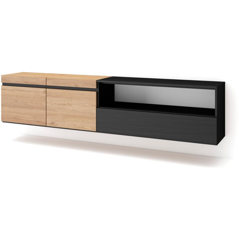 foto del prodotto mobile tv soggiorno, ampio spazio a disposizione, 200x45x35cm, per tv fino a 80 , sospeso, da appendere, stile moderno, rovere e nero skraut home