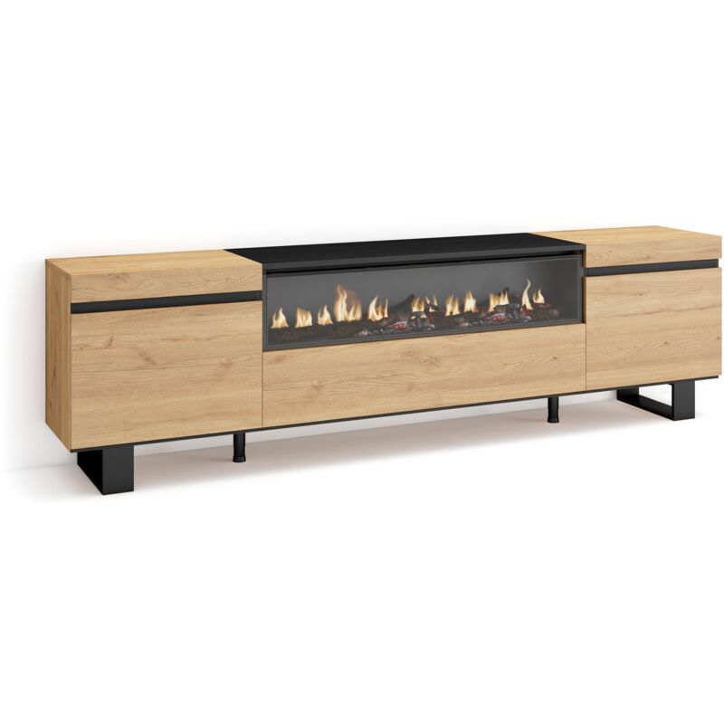 foto del prodotto mobile tv soggiorno, ampio spazio a disposizione, 200x57x35cm, per tv fino a 80 , camino elettrico, design industriale, stile moderno, rovere e nero