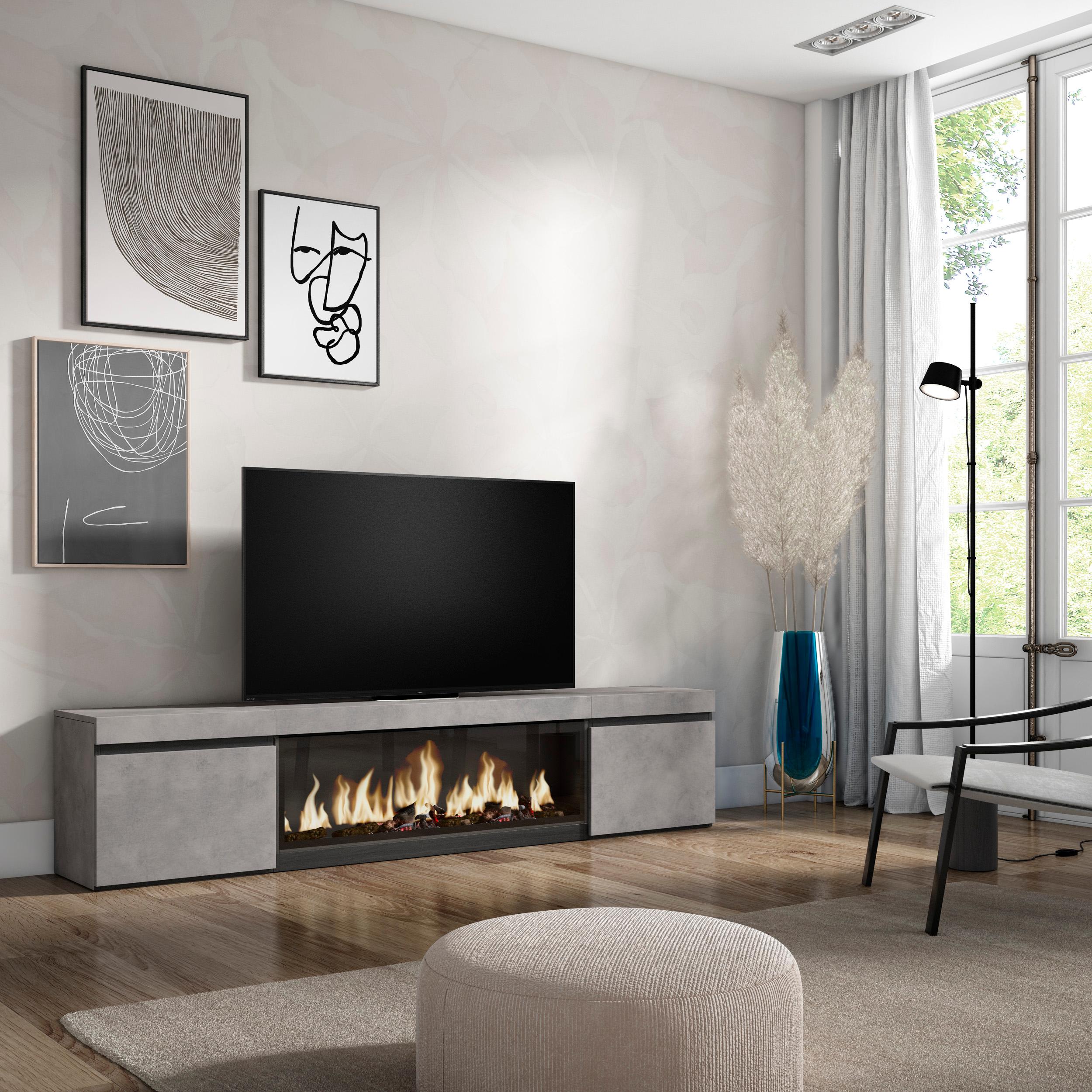 foto del prodotto mobile tv soggiorno, ampio spazio a disposizione, 210, per tv fino a 80 , camino elettrico xxl, stile moderno, grigio cemento skraut home