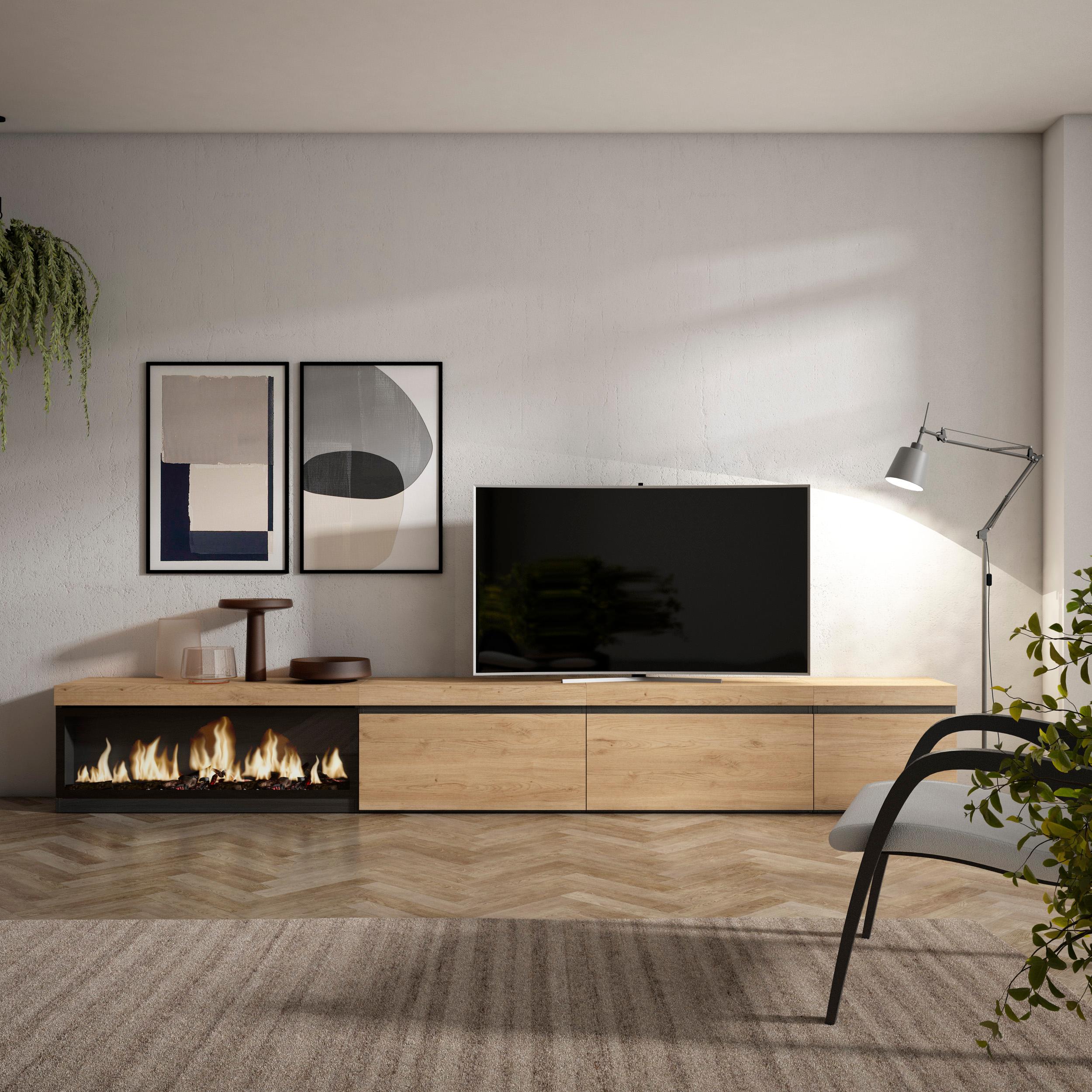 foto del prodotto mobile tv soggiorno, ampio spazio a disposizione, 317x45x35 cm, camino elettrico xxl, stile moderno, rovere skraut home