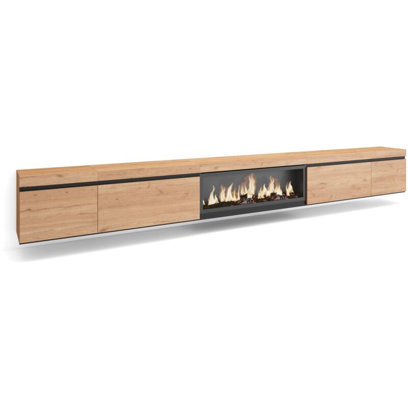 foto del prodotto mobile tv soggiorno, ampio spazio a disposizione, 368x45x35, camino elettrico xxl, sospeso, da appendere, stile moderno, rovere skraut home