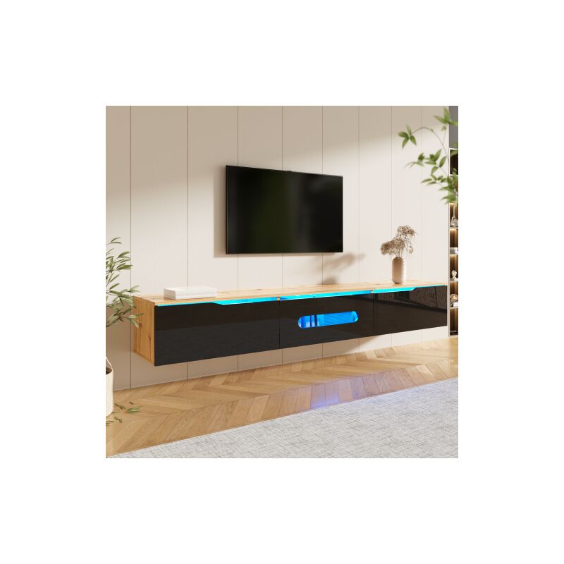 foto del prodotto mobile tv sospeso da 180 cm, in legno e nero lucido, con illuminazione led a 16 colori