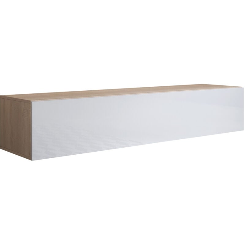 foto del prodotto mobile tv sospeso mobile da soggiorno moderno porta tv salotto 1 anta 160x30x40cm modello luke h2 sonoma opaco e bianco lucido