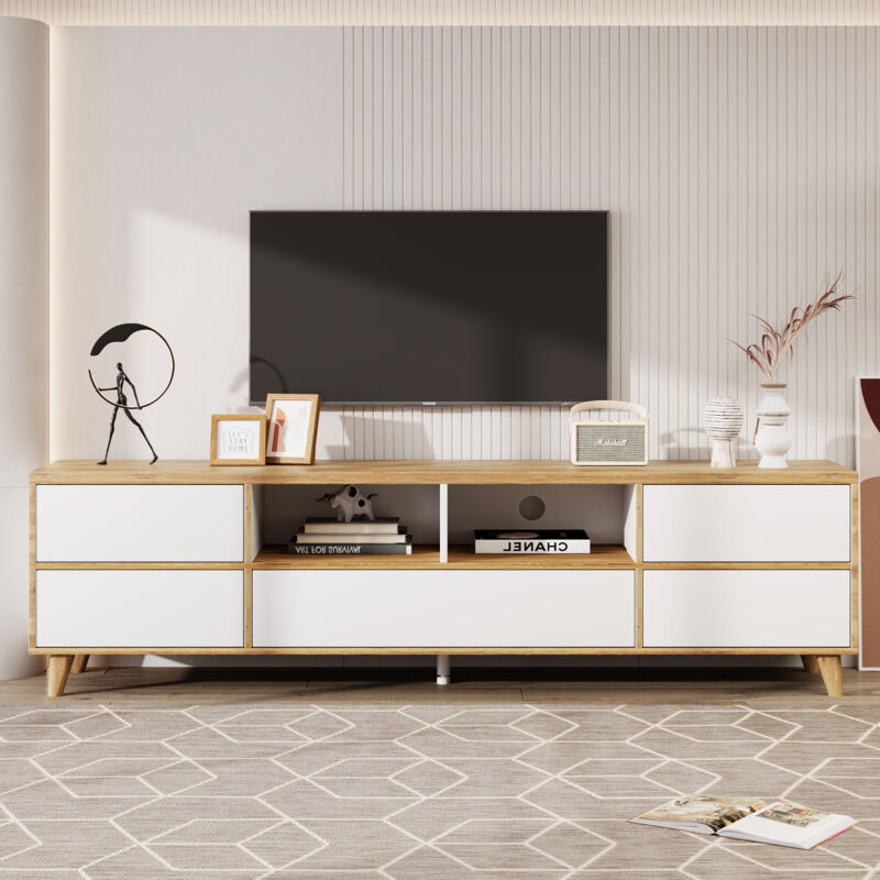 foto del prodotto mobile tv stile country 175 x 37 x 51 cm con anta e contenitore in mdf, portata 50 kg, bianco e naturale