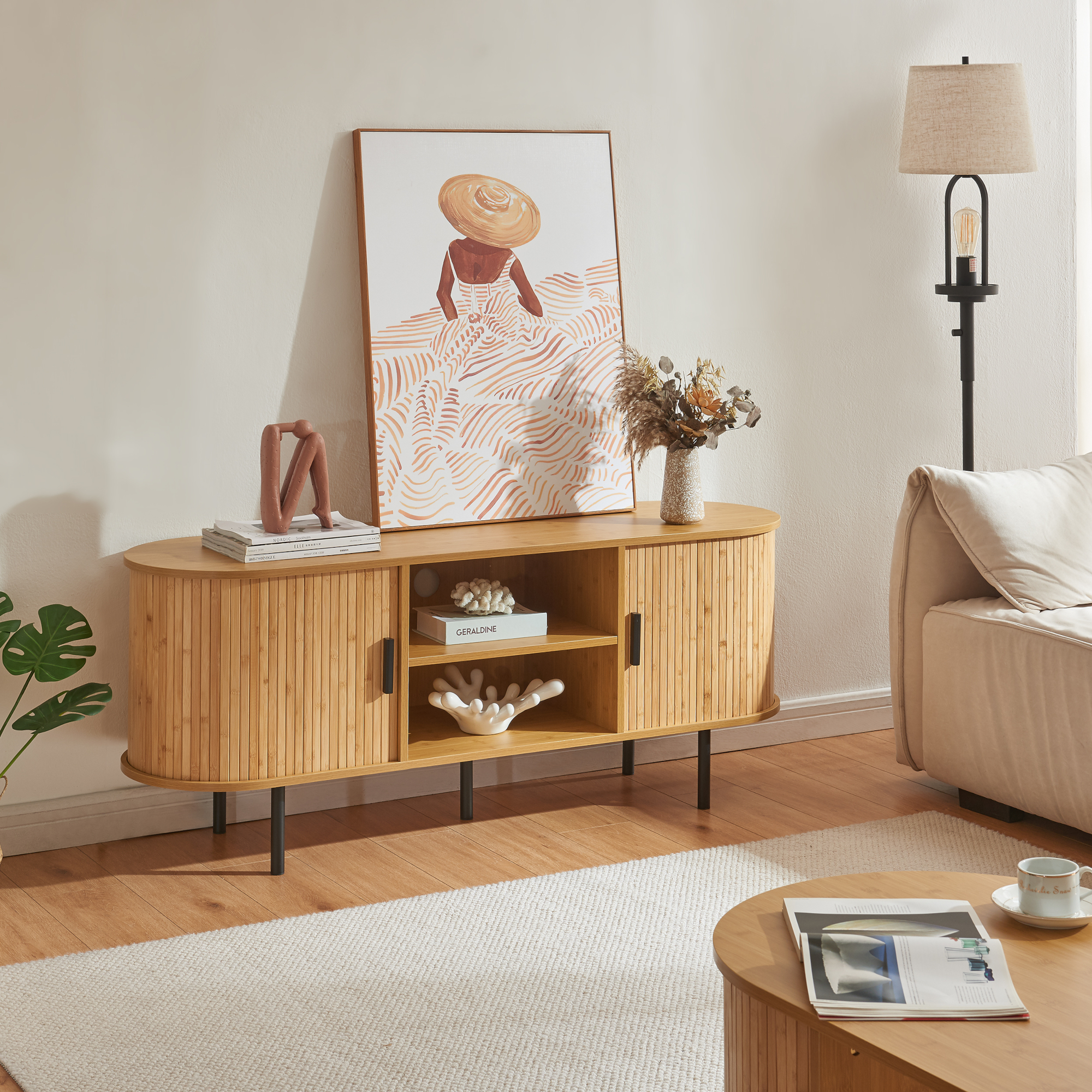 foto del prodotto mobile tv tvedestrand con ante scorrevoli in bamb naturale nero en.casa 