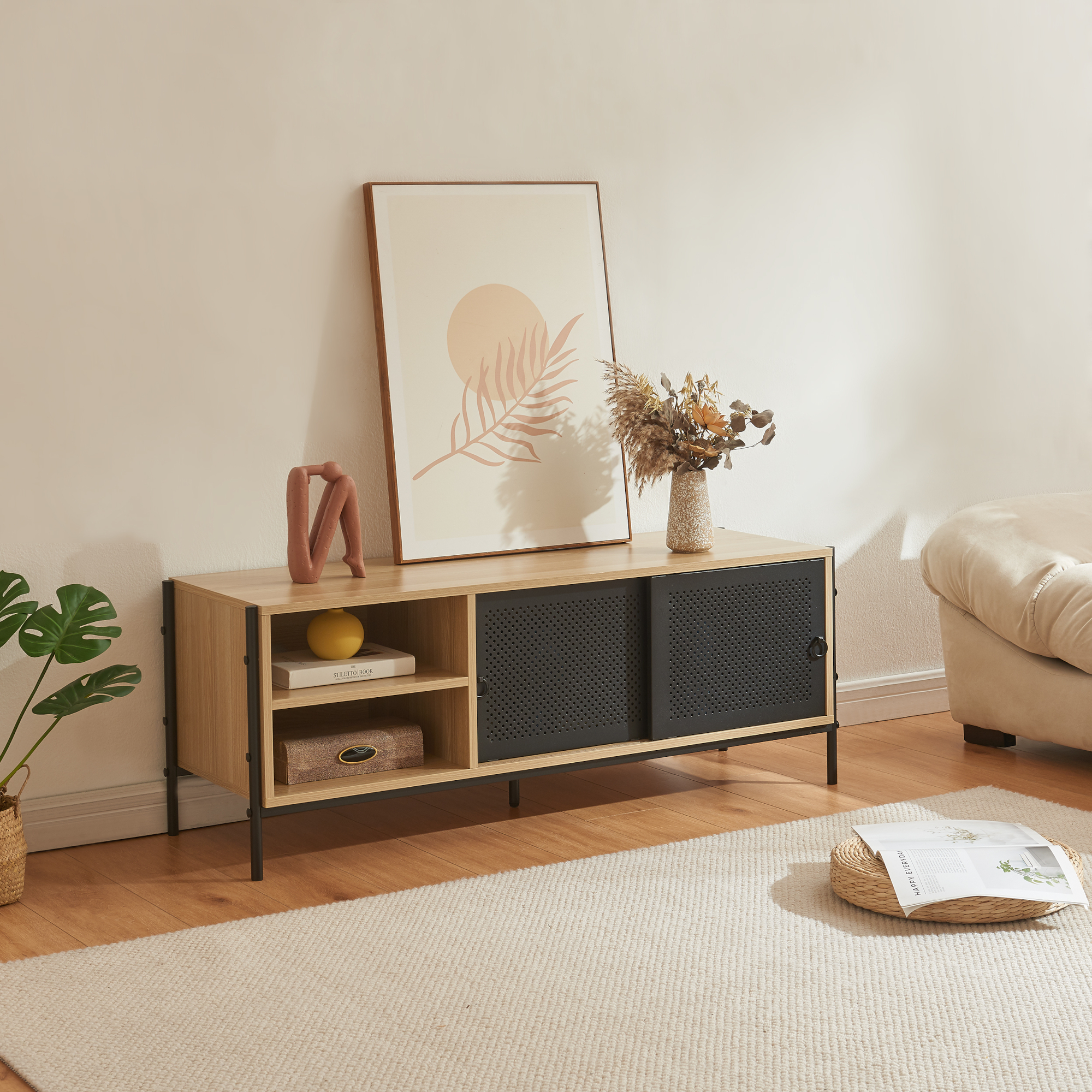 foto del prodotto mobile tv tysnes con ante scorrevoli 120x40x45 cm effetto rovere nero en.casa 