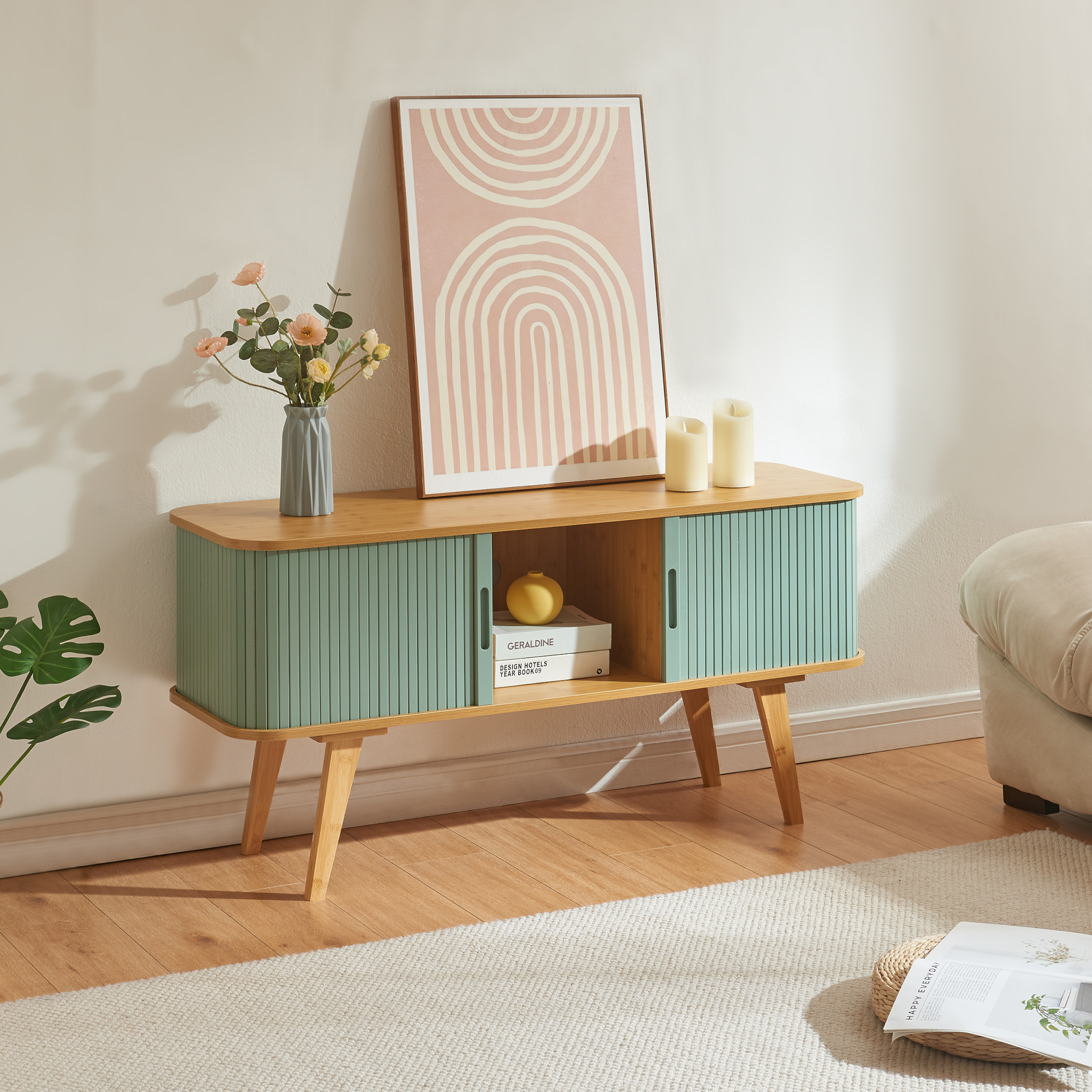 foto del prodotto mobile tv tysv r in bamb 120x40x58 cm naturale azzurro en.casa 