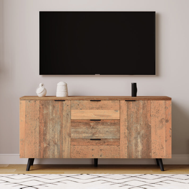 foto del prodotto mobile tv vintage marrone con ripiani regolabili, cassettiera con 3 cassetti, mobiletto portaoggetti per soggiorno, 140 l x 35 p x 70 a cm