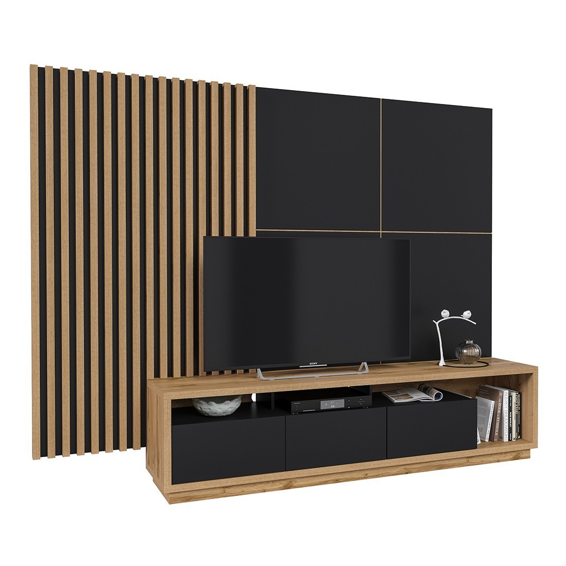 foto del prodotto mobile tv xl con pannello decorativo da parete xl collezione clara. colore rovere e nero opaco.