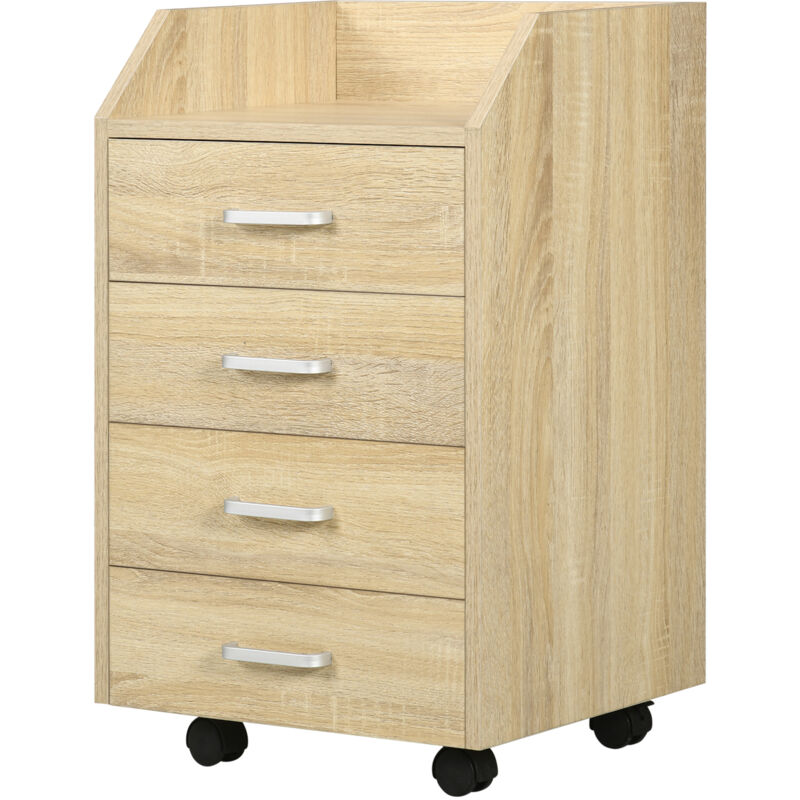 foto del prodotto mobile ufficio con 4 cassetti, ruote e bordi rialzati colore legno vinsetto