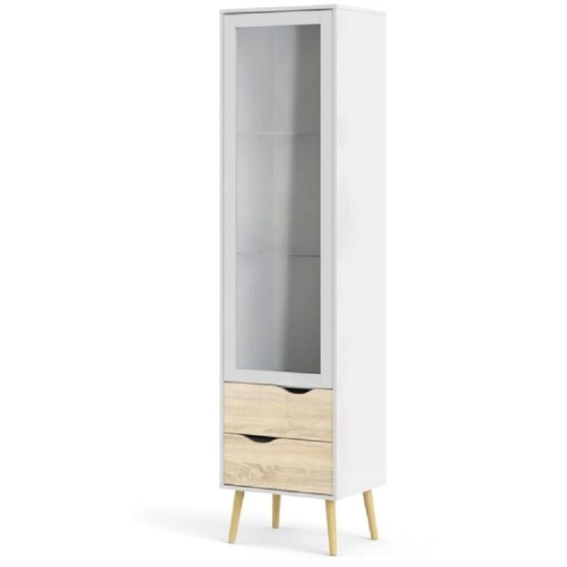 foto del prodotto mobile vetrina oslo con 1 anta in vetro e 2 cassetti colore bianco e rovere