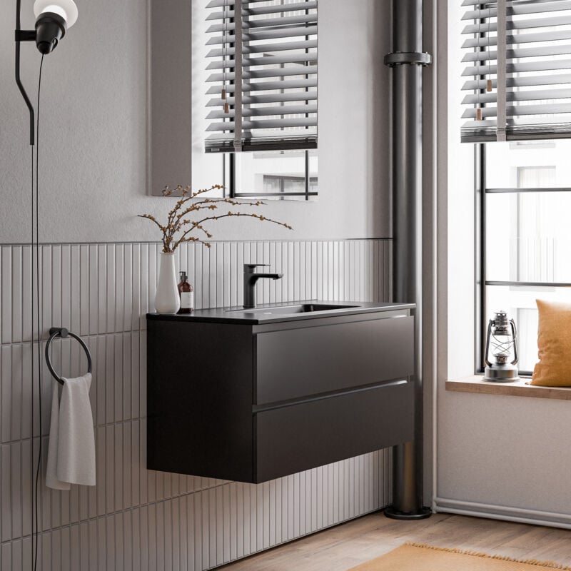 foto del prodotto mobiletto ava 100 cm con lavabo in ceramica colore selezionabile nero opaco, matt black en 