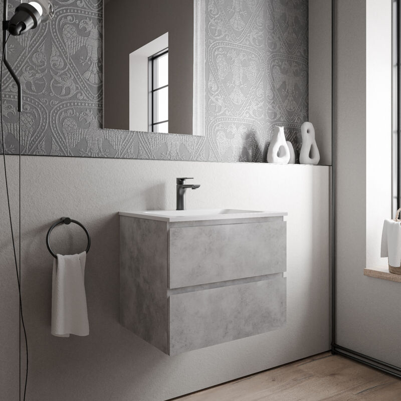 foto del prodotto mobiletto ava 60 cm con lavabo in mineralguss cream colore selezionabile grigio calcestruzzo, bianco opaco con preforatura