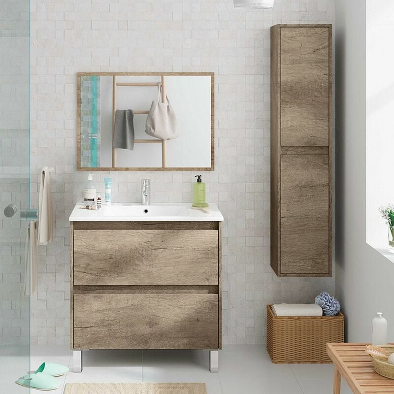 foto del prodotto mobiletto bagno a terra 80 cm 2 cassetti serie oasi rovere con specchio e lavabo