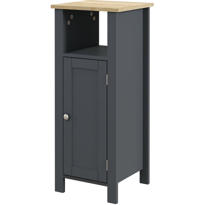 foto del prodotto mobiletto bagno con armadietto e ripiano aperto in legno grigio kleankin