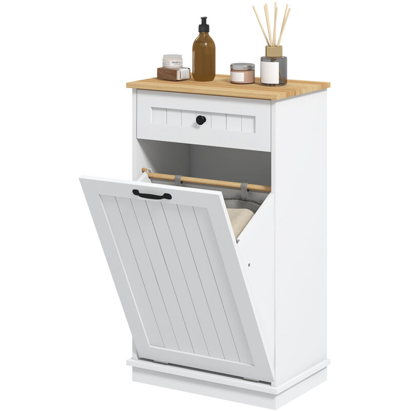 foto del prodotto mobiletto bagno con cesto porta biancheria in tessuto e cassetto bianco homcom
