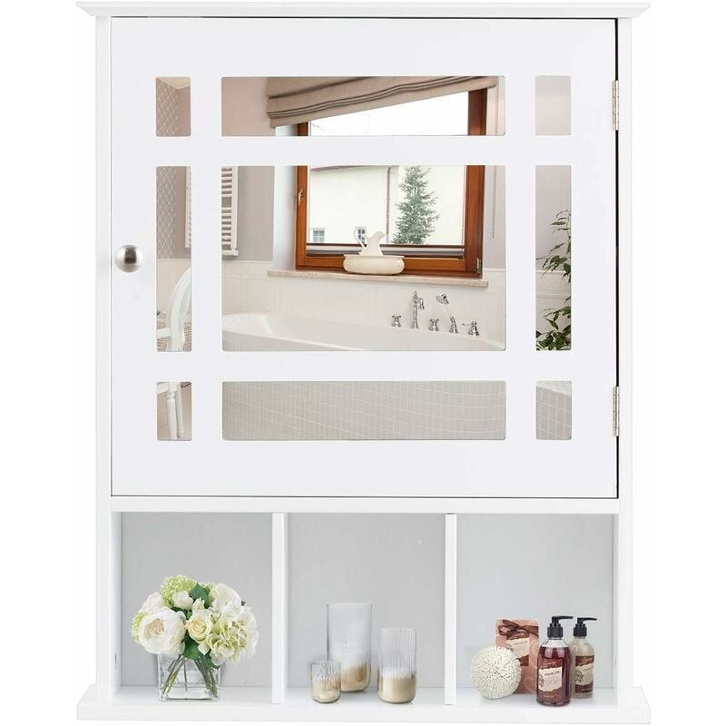 foto del prodotto mobiletto bagno con specchio in legno, armadio farmacia da muro, armadietto da parete per bagno, 51x 16 x 61 cm bianco costway