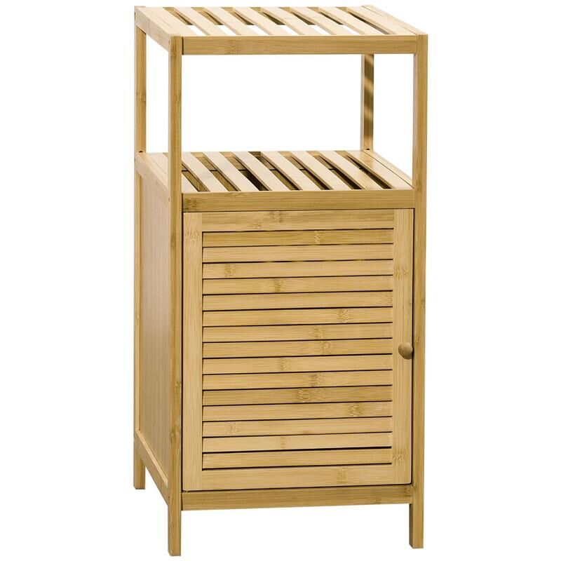 foto del prodotto mobiletto bagno in bamb a doghe con armadietto a un anta. 33x36.5x67cm. colore legno naturale