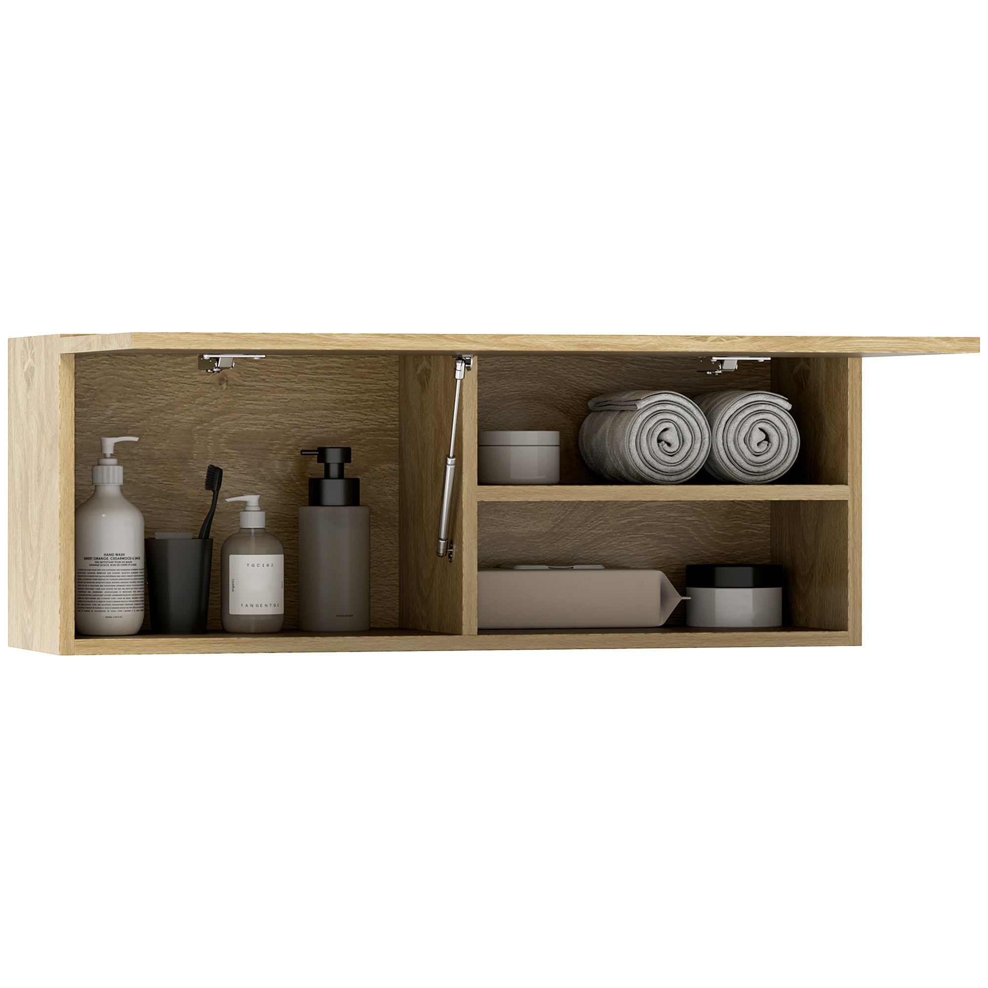 foto del prodotto mobiletto bagno pensile 80x25x30 cm con anta a ribalta legno naturale
