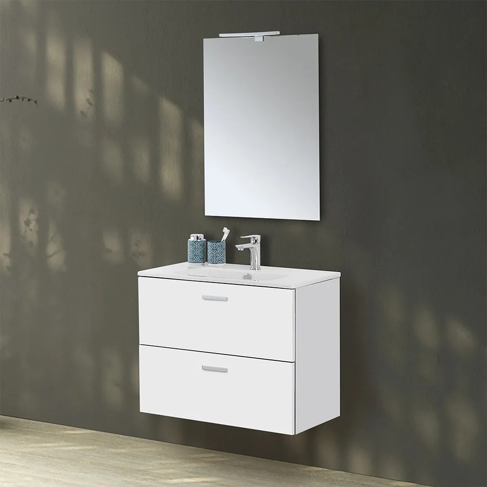 foto del prodotto mobiletto bagno sospeso 80 bianco con top e specchio led martha