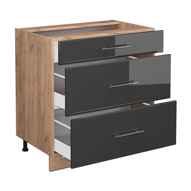 foto del prodotto mobiletto base per cucina fame line, antracite lucido, 80 cm con 3 cassetti, senza piano di lavoro vicco
