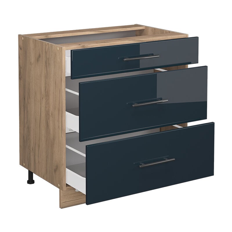 foto del prodotto mobiletto base per cucina fame line, blu scuro lucido, 80 cm con 3 cassetti, senza piano di lavoro vicco