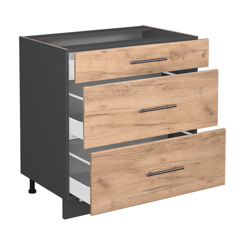 foto del prodotto mobiletto base per cucina fame line, quercia dorata, 80 cm con 3 cassetti, senza piano di lavoro vicco