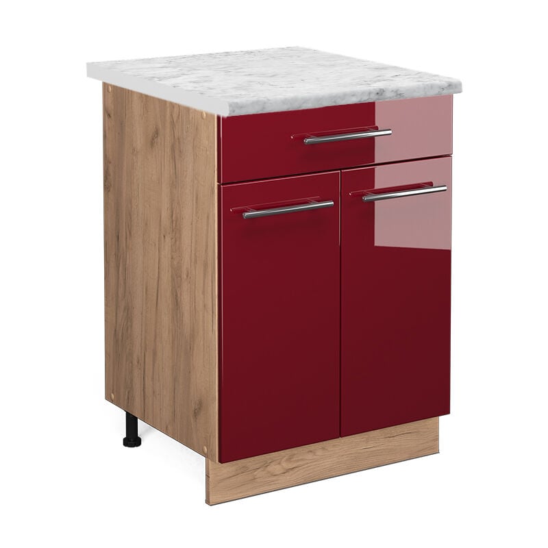 foto del prodotto mobiletto base per cucina fame line, rosso bordeaux lucido, 60 cm con cassetto, pl marmo vicco