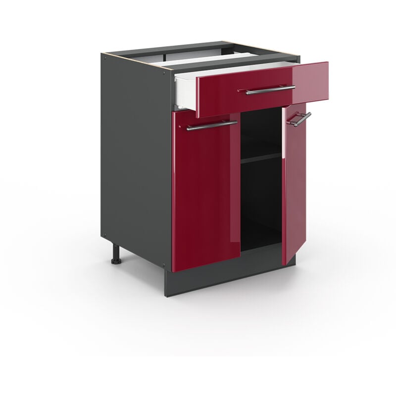 foto del prodotto mobiletto base per cucina fame line, rosso bordeaux lucido, 60 cm con cassetto, senza piano di lavoro, vicco