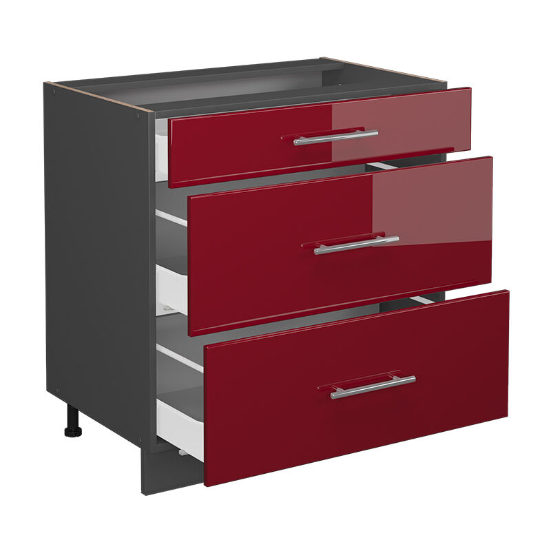 foto del prodotto mobiletto base per cucina fame line, rosso bordeaux lucido, 80 cm con 3 cassetti, senza piano di lavoro vicco