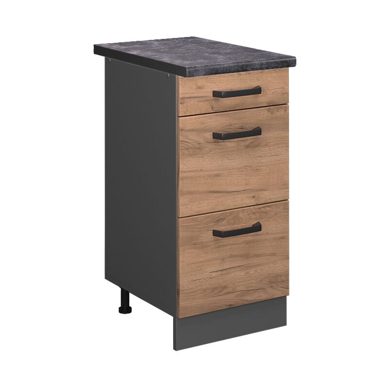 foto del prodotto mobiletto base per cucina r line, quercia dorata, 40 cm con cassetti, pl antracite, vicco