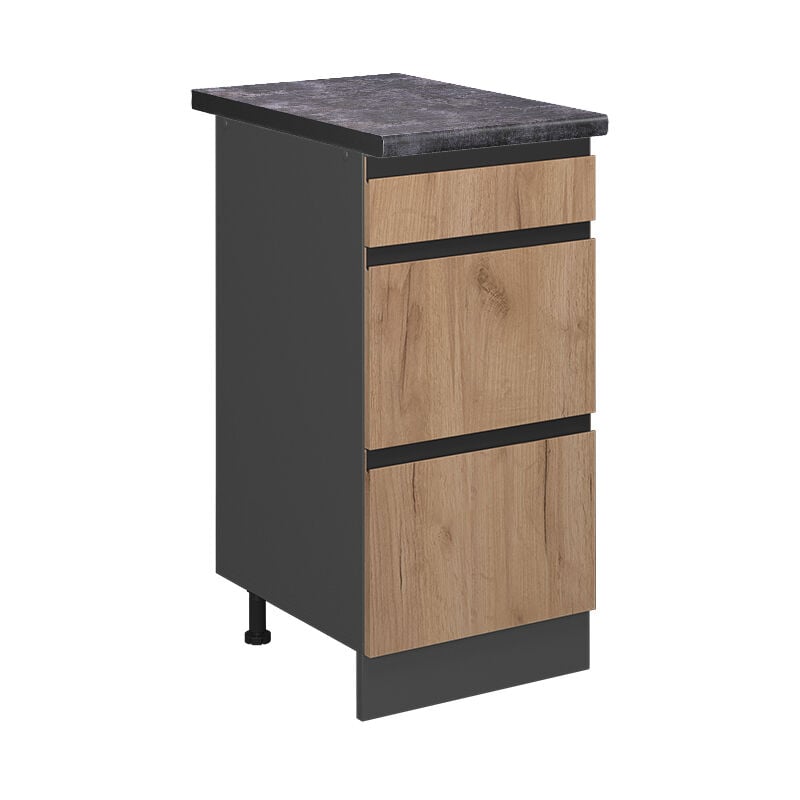 foto del prodotto mobiletto base per cucina r line, quercia dorata, 40 cm con cassetti, pl antracite vicco