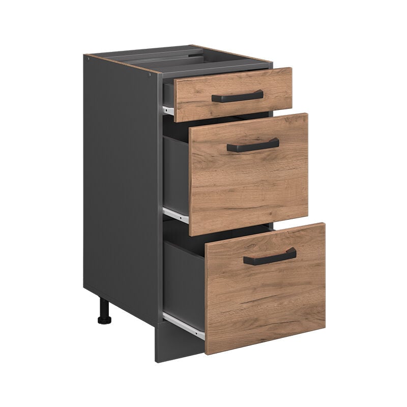 foto del prodotto mobiletto base per cucina r line, quercia dorata, 40 cm con cassetti, senza piano di lavoro vicco