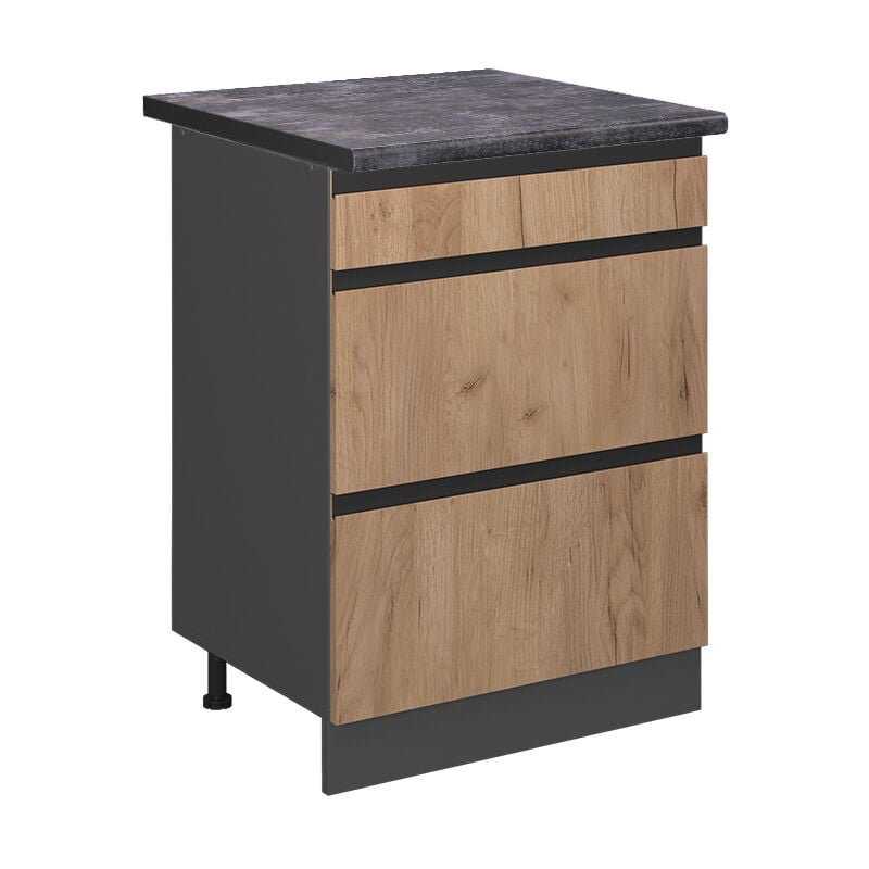 foto del prodotto mobiletto base per cucina r line, quercia dorata, 60 cm con cassetti, pl antracite vicco