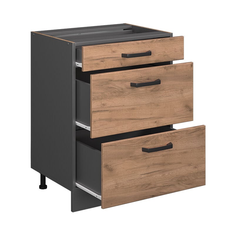 foto del prodotto mobiletto base per cucina r line, quercia dorata, 60 cm con cassetti, senza piano di lavoro vicco