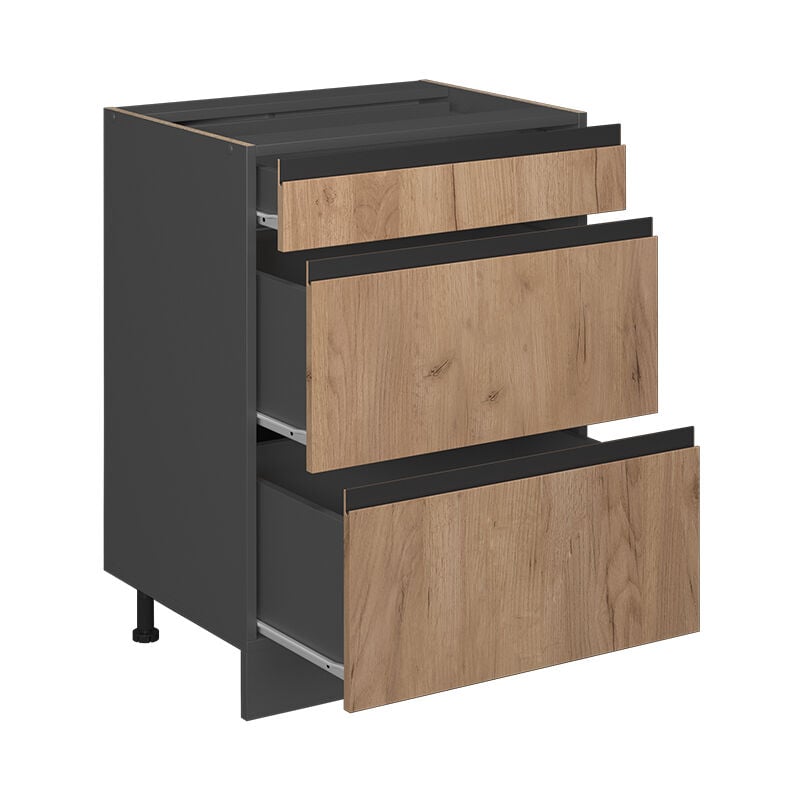 foto del prodotto mobiletto base per cucina r-line, quercia dorata, 60 cm forma a j, con cassetti, senza piano di lavoro vicco