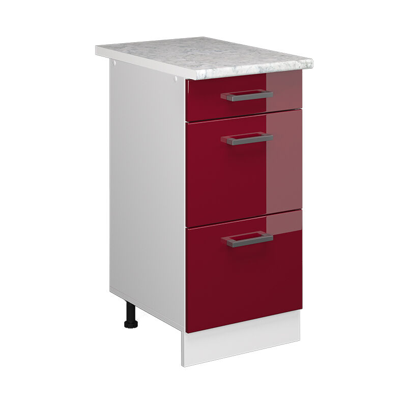 foto del prodotto mobiletto base per cucina r-line, rosso bordeaux lucido, 40 cm con cassetti pl marmo vicco