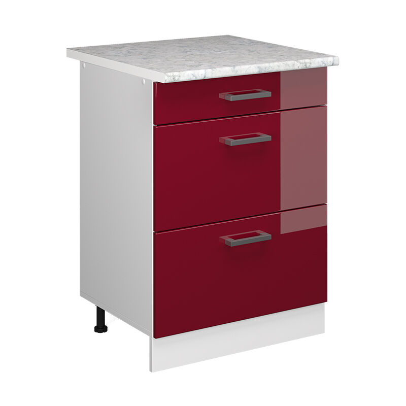 foto del prodotto mobiletto base per cucina r-line, rosso bordeaux lucido, 60 cm con cassetti pl marmo vicco