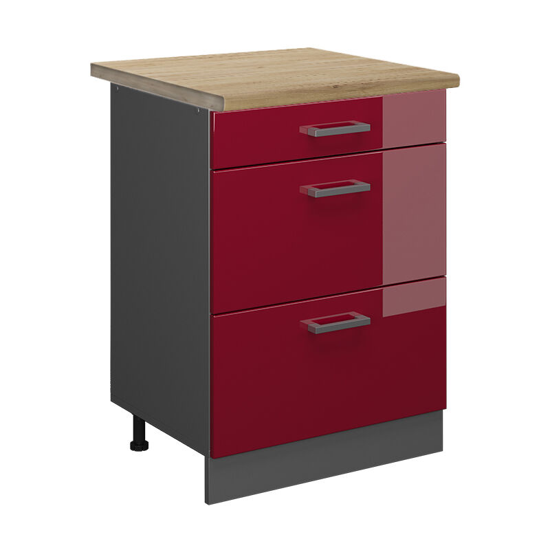 foto del prodotto mobiletto base per cucina r-line, rosso bordeaux lucido, 60 cm con cassetti, pl rovere vicco