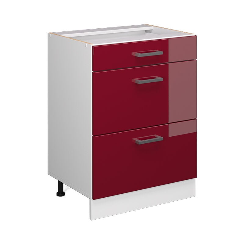foto del prodotto mobiletto base per cucina r line, rosso bordeaux lucido, 60 cm con cassetti, senza piano di lavoro vicco