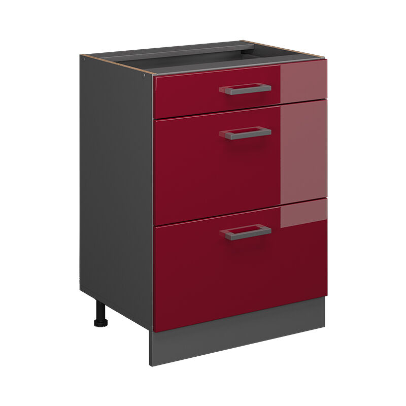 foto del prodotto mobiletto base per cucina r line, rosso bordeaux lucido, 60 cm con cassetti, senza piano di lavoro vicco